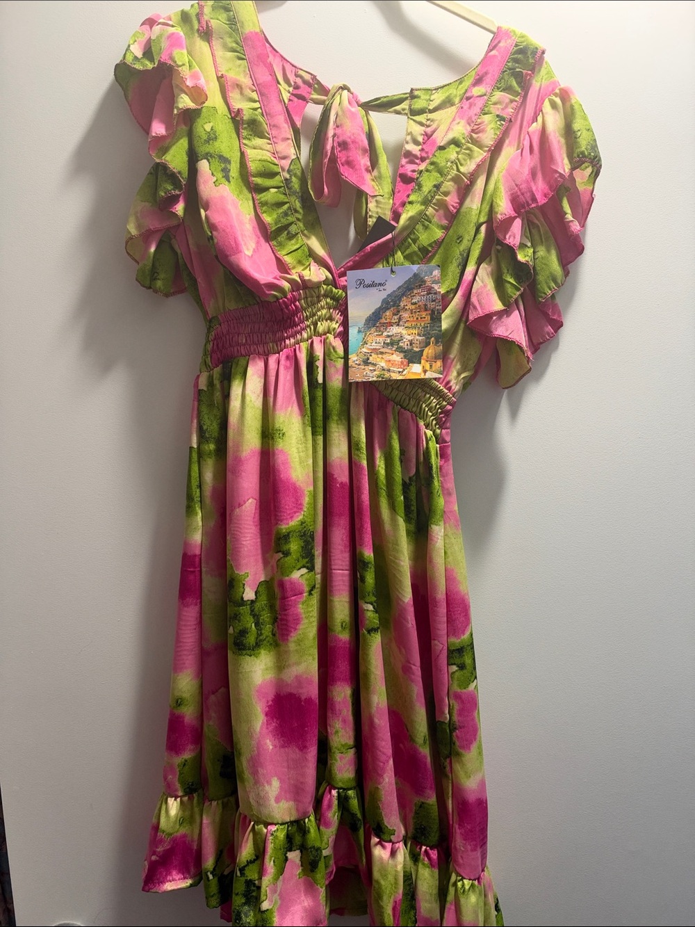 Floral Ruffle Mini Dress in Pink and Green